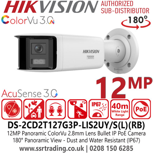 Hikvision 12MP Panoramic ColorVu 2.8mm Fixed Lens Bullet IP Network Camera with 180° Panoramic View, Crystal-clear audio with Arrayed Dual-Mic, Anti-corrosion design (NEMA 4X), more reliable - DS-2CD2T127G3P-LIS2UY/S(L)(RB)