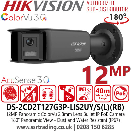 Hikvision 12MP/UHD Panoramic ColorVu Bullet PoENetwork Camera with 2.8mm Fixed Lens, 40m White Light Range, IP67 Water and Dust Resistant, Built in Mic, Two way Talk - DS-2CD2T127G3P-LIS2UY/SL(RB)/Black