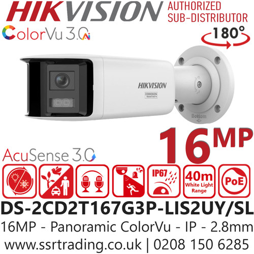 Hikvision 16MP Panoramic ColorVu AcuSense Bullet IP PoE Camera with 2.8mm Lens, 180° Panoramic View, White light & IR light & Smart Hybrid Light modes, Crystal-clear Audio with Arrayed Dual-Mic - DS-2CD2T167G3P-LIS2UY/S(L)(RB) (2.8mm)