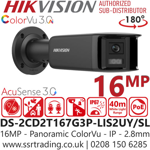 Hikvision DS-2CD2T167G3P-LIS2UY/S(L)(RB)/Black 16MP/UHD Panoramic ColorVu Bullet Network Camera with 2.8mm Lens, 40m White Light Range, IP67, Dual Mic, ColorVu Technology, AcuSense Technology, Ultra High Defination 