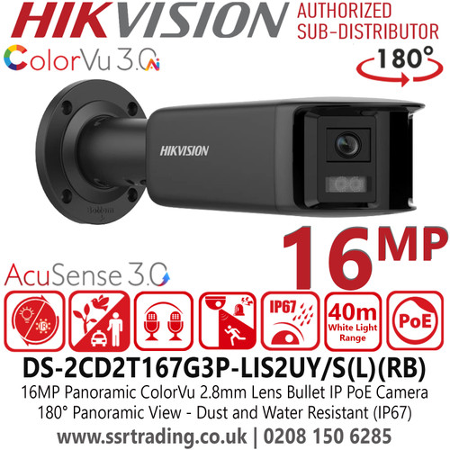 Hikvision DS-2CD2T167G3P-LIS2UY/S(L)(RB)/Black 16MP/UHD Panoramic ColorVu Bullet Network Camera with 2.8mm Lens, 40m White Light Range, IP67, Dual Mic, ColorVu Technology, AcuSense Technology, Ultra High Defination 