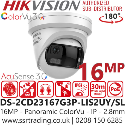 DS-2CD23167G3P-LIS2UY/S(L)(RB) Hikvision 16MP/UHD AcuSense Panoramic ColorVu Fixed Lens Turret IP Network Camera with 2.8mm Lens, 180° Panoramic View, Crystal-clear Audio with Arrayed Dual-Mic, HikAI-ISP for Excellent Noise Reduction Effect 