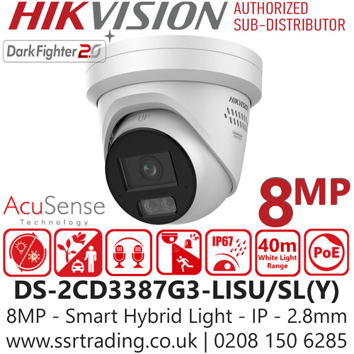 Hikvision 8 MP AcuSense Strobe Light and Audible Warning 2.8mm Fixed Lens PoE Turret Network Camera - DS-2CD3387G3-LISU/SL(Y)