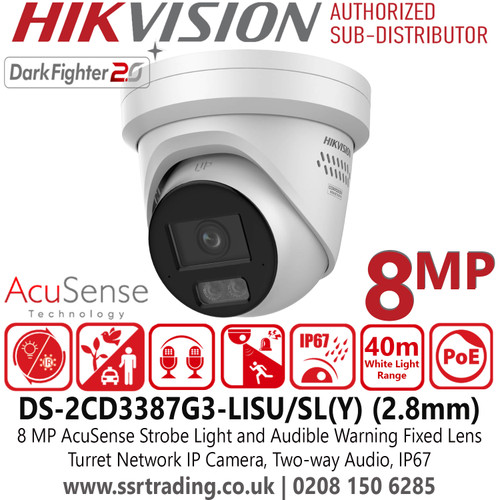 DS-2CD3387G3-LISU/SL(Y) Hikvision 4K AcuSense Strobe Light and Audible Warning 2.8mm Fixed Lens PoE Turret Network Camera with 8MP Resolution, Two Way Talk, Built in Mic, IP67