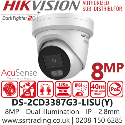 Hikvision 8MP Dual Illumination Turret IP Network Camera with 2.8mm Fixed Lens, Water and Dust Resistant (IP67), Built-in Arrayed Dual-microphone For Real-time High Quality Audio Security - DS-2CD3387G3-LISU(Y)