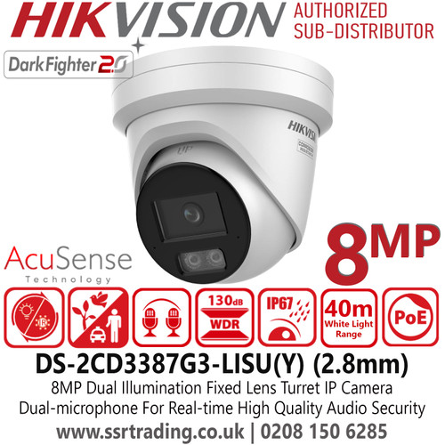 Hikvision DS-2CD3387G3-LISU(Y) 8MP Dual Illumination Turret IP Network Camera with 2.8mm Fixed Lens, Water and Dust Resistant (IP67), Built-in Arrayed Dual-microphone For Real-time High Quality Audio Security 