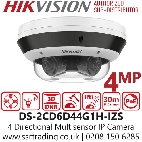 Hikvision 4 Directional Multisensor IP Network Camera with Varifocal lens, Motorized Lens, 2.8 to 12mm, Audio and Alarm Interface Available, Water and Dust Resistant (IP67) and Vandal Proof (IK10) - DS-2CD6D44G1H-IZS (2.8-12mm)