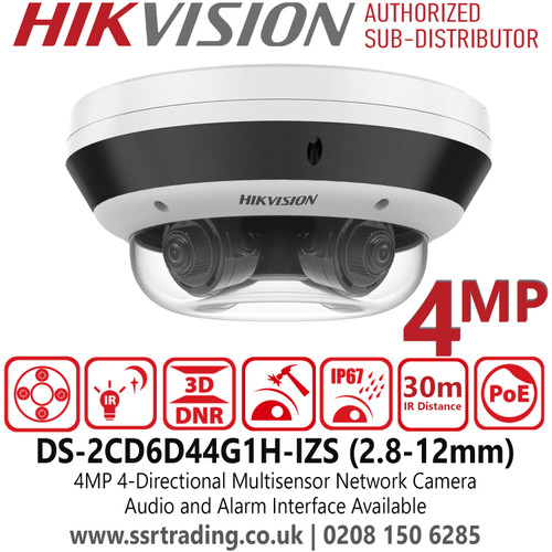 Hikvision 4 Directional Multisensor IP Network Camera with Varifocal lens, Motorized Lens, 2.8 to 12mm, Audio and Alarm Interface Available, Water and Dust Resistant (IP67) and Vandal Proof (IK10) - DS-2CD6D44G1H-IZS (2.8-12mm)