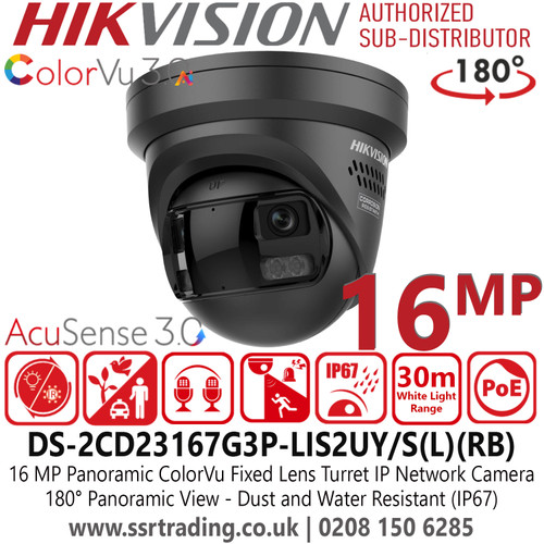 Hikvision 16MP/UHD Panoramic ColorVu Fixed Lens Black Turret Network PoE Camera, with White light & IR light & Smart Hybrid Light modes - DS-2CD23167G3P-LIS2UY/S(L)(RB)/Black