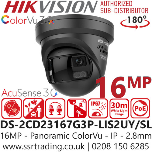 DS-2CD23167G3P-LIS2UY/S(L)(RB)/Black Hikvision 16MP/UHD Panoramic ColorVu Fixed Lens Black Turret Network PoE Camera, with White light & IR light & Smart Hybrid Light modes