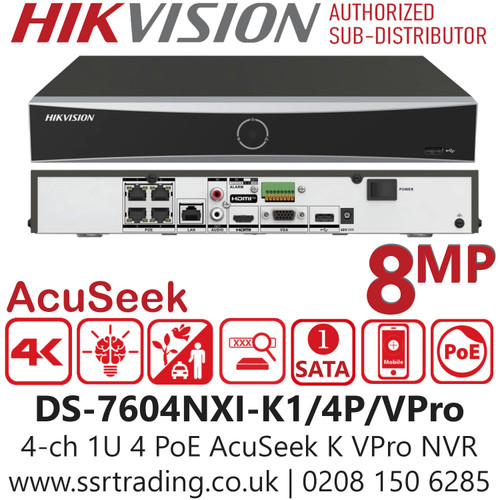 DS-7604NXI-K1/4P/VPro Hikvision 4 Channel 4 PoE AcuSeek K VPro NVR, Up to 4-ch AcuSeek and AcuSearch function 