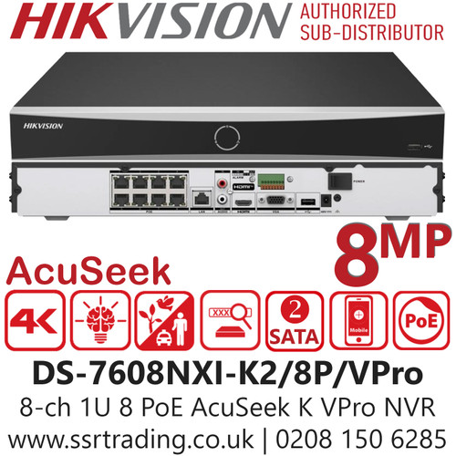 Hikvision 8 Ch 1U 8 PoE AcuSeek K VPro NVR - DS-7608NXI-K2/8P/VPro