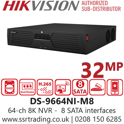 Hikvision DS-9664NI-M8 64Ch 2U M Series 8K NVR - Up to 8-ch IP Speakers Can Be Connected -  8 SATA interfaces for HDD connection (up to 16 TB capacity per HDD)