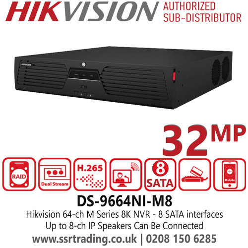 Hikvision DS-9664NI-M8 64Ch 2U M Series 8K NVR - Up to 8-ch IP Speakers Can Be Connected -  8 SATA interfaces for HDD connection (up to 16 TB capacity per HDD)