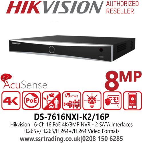 Hikvison 16 Channel Acusense 16 PoE 2 SATA 4K NVR - DS-7616NXI-K2/16P
