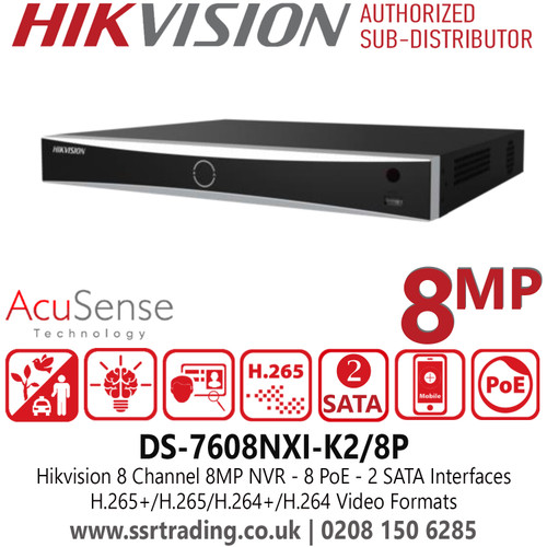 DS-7608NXI-K2/8P(D) Hikvison 8 Ch Acusense 8x PoE 2 SATA 4K NVR 