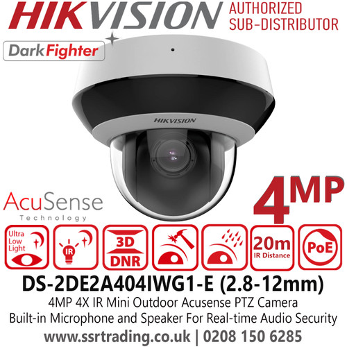 DS-2DE2A404IWG1-E Hikvision 4MP 4X IR Mini Outdoor Acusense PTZ IP PoE CCTV Camera with 2.8-12mm Varifocal Lens, 20m IR Range, IP66, IK10, Built in Mic 