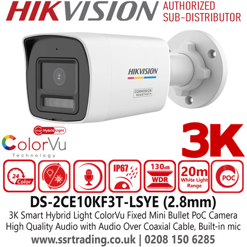 Hikvision DS-2CE10KF3T-LSYE 3K Smart Hybrid Light ColorVu PoC Camera with 2.8mm Fixed Lens, 20m White Light Range, Built in mic, IP67, 3D DNR 