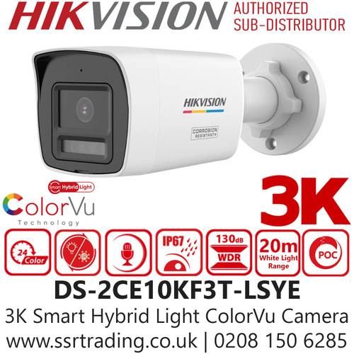 DS-2CE10KF3T-LSYE Hikvision 3K Smart Hybrid Light ColorVu PoC Camera with 2.8mm Fixed Lens, 20m White Light Range, Built in mic, IP67, 3D DNR 