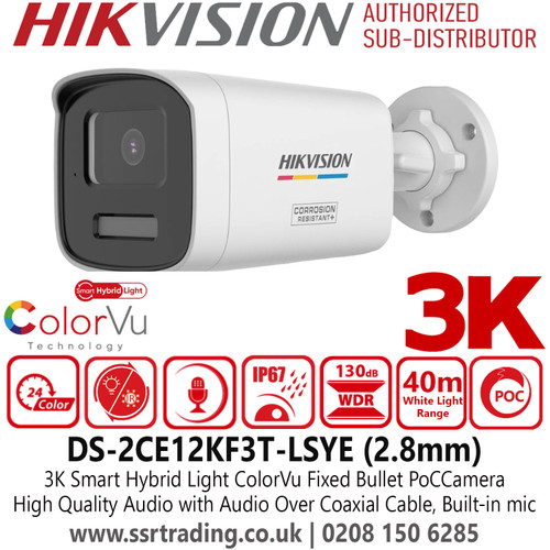 Hikvision 3K Smart Hybrid Light ColorVu Bullet PoC Camera - DS-2CE12KF3T-LSYE