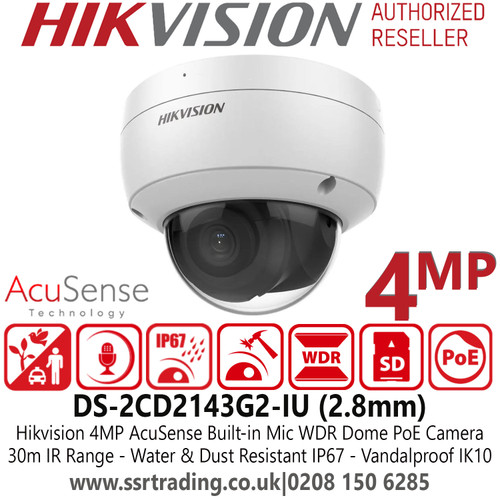 Hikvision DS-2CD2143G2-IU 4MP AcuSense Built-in Mic Fixed Lens Dome PoE Camera with 2.8mm Fixed Lens