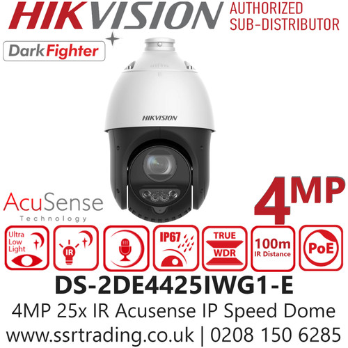 Hikvision 4MP DarkFighter IR Acusense Network IP Speed Dome PTZ Camera - 1/2.8" Progressive Scan CMOS - DS-2DE4425IWG1-E