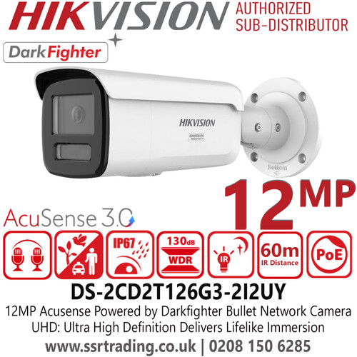 Hikvision 12MP / UHD Acusense Powered by Darkfighter Fixed Lens Bullet Network IP Camera, Crystal-clear Audio with Built-in Arrayed Dual-Mic - DS-2CD2T126G3-2I2UY (2.8mm)