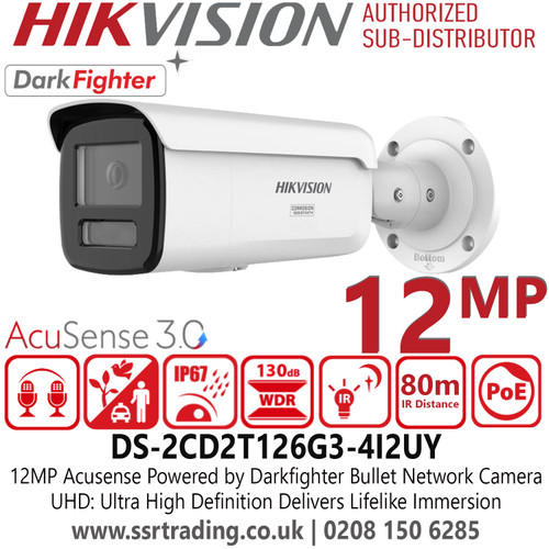 Hikvision DS-2CD2T126G3-4I2UY (2.8mm) 12MP Acusense Bullet IP PoE Camera with 2.8mm Fixed Lens, 80m IR Range, Dual Mic, IP67 Water and Dust Resistant 