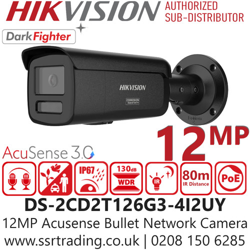 Hikvision DS-2CD2T126G3-4I2UY/Black 12MP/UHD Acusense Powered by Darkfighter Fixed Lens Bullet IP Network CCTV Camera wtih 80m IR Range, 2.8mm Fixed Lens, Dual Mic 