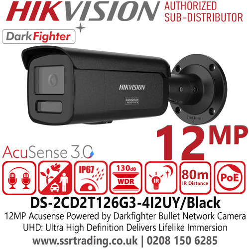 Hikvision DS-2CD2T126G3-4I2UY/Black 12MP/UHD Acusense Powered by Darkfighter Fixed Lens Bullet IP Network CCTV Camera wtih 80m IR Range, 2.8mm Fixed Lens, Dual Mic 