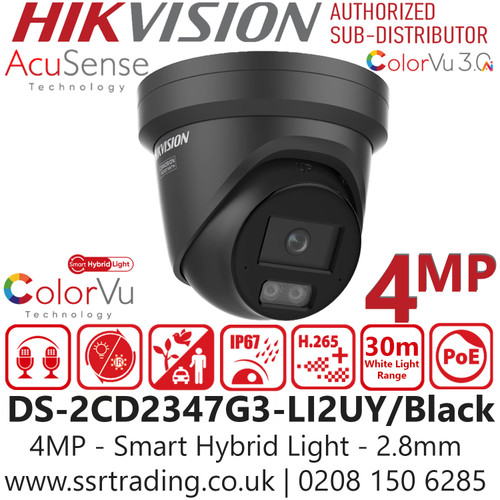 Hikvision DS-2CD2347G3-LI2UY/Black (2.8mm) 4MP Smart Hybrid Light with ColorVu Turret IP Camera with 2.8mm Fixed Lens - Scene-adaptive WDR - Built-in Arrayed Dual-Microphone - Anti-corrosion Design - Water and Dust Resistant (IP67) 