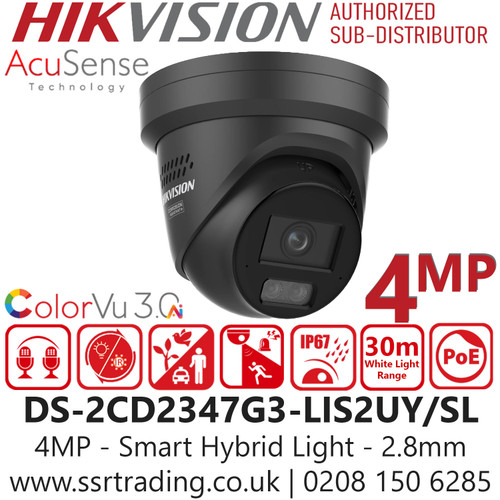 Hikvision DS-2CD2347G3-LIS2UY/SL/Black 4MP Smart Hybrid Light with ColorVu Turret IP Camera with  2.8mm Fixed Lens