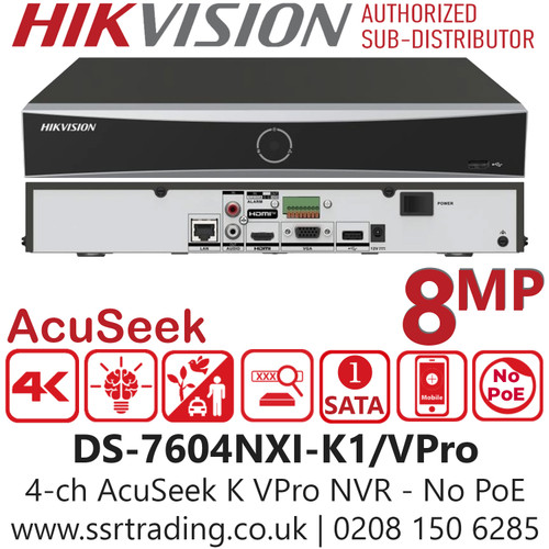 Hikvision DS-7604NXI-K1/VPro 4 Channel 1U AcuSeek K VPro NVR - Up to 4-ch AcuSeek and AcuSearch Function
