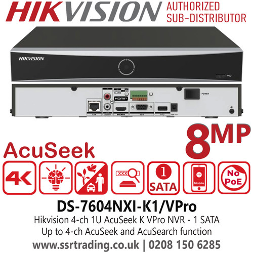Hikvision DS-7604NXI-K1/VPro 4 Channel 1U AcuSeek K VPro NVR - Up to 4-ch AcuSeek and AcuSearch Function
