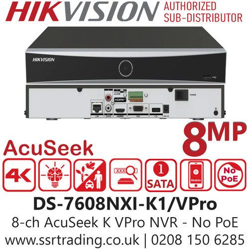 Hikvision DS-7608NXI-K1/VPro 8ch 1U AcuSeek K VPro NVR - Up to 8-ch IP Camera Inputs - Up to 80 Mbps Incoming Bandwidth 