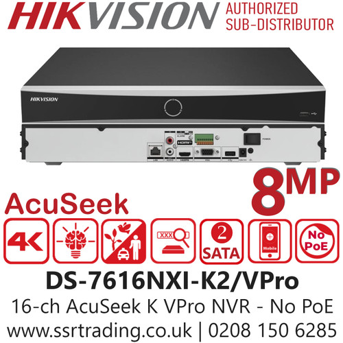 Hikvision 16ch AcuSeek K VPro No PoE NVR with 2 SATA Interfaces, Accurate Perimeter Protection Effectively Reduces False Alarms - DS-7616NXI-K2/VPro