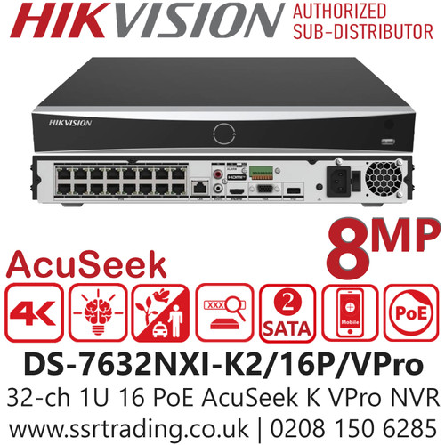 Hikvision 32ch 1U 16 PoE AcuSeek K VPro 2 SATA NVR - DS-7632NXI-K2/16P/VPro