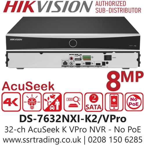 Hikvision 32ch 1U AcuSeek K VPro No PoE NVR 2 SATA NVR - DS-7632NXI-K2/VPro
