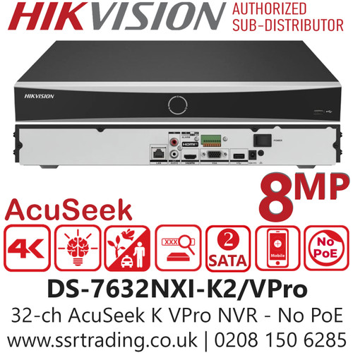 Hikvision 32ch 1U AcuSeek K VPro No PoE NVR with 2 SATA Interfaces, Adopt Hikvision AcuSense Technology to Minimize Manual Effort and Security Costs - DS-7632NXI-K2/VPro
