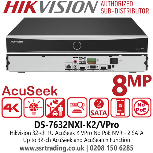 Hikvision DS-7632NXI-K2/VPro 32ch 1U AcuSeek K VPro No PoE NVR with 2 SATA Interfaces, Adopt Hikvision AcuSense Technology to Minimize Manual Effort and Security Costs 