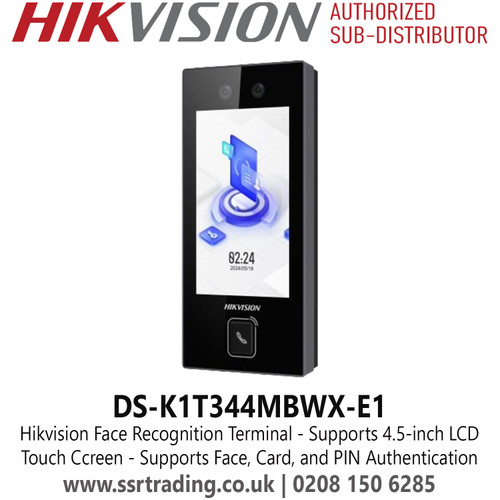 Hikvision DS-K1T344MBWX-E1 Face Recognition Terminal, Supports 4.5-inch LCD Touch Screen, 2 Mega pixel Wide-angle Lens, and Built-in M1 Card Reading Module, Supports Face, Card, and PIN Authentication 