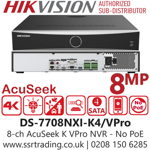 Hikvision 8Ch AcuSeek K VPro No PoE NVR with 4 SATA Interfaces, Accurate Perimeter Protection Effectively Reduces False Alarms, Up to 80 Mbps Incoming Bandwidth  - DS-7708NXI-K4/VPro