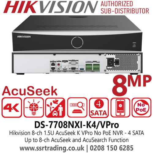 DS-7708NXI-K4/VPro Hikvision 8Ch AcuSeek K VPro No PoE NVR with 4 SATA Interfaces, Accurate Perimeter Protection Effectively Reduces False Alarms, Up to 80 Mbps Incoming Bandwidth