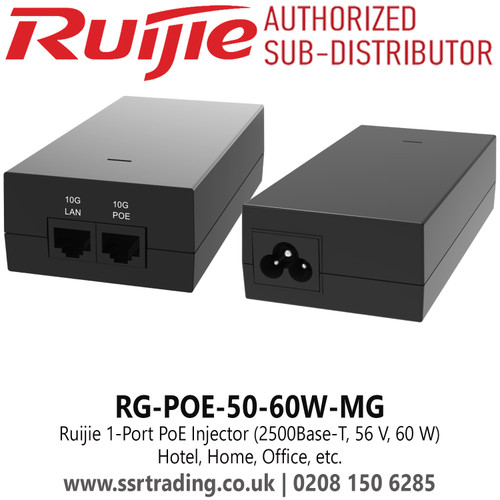 RG-POE-50-60W-MG Ruijie 1 Port PoE Injector (2500Base-T, 56 V, 60 W) 