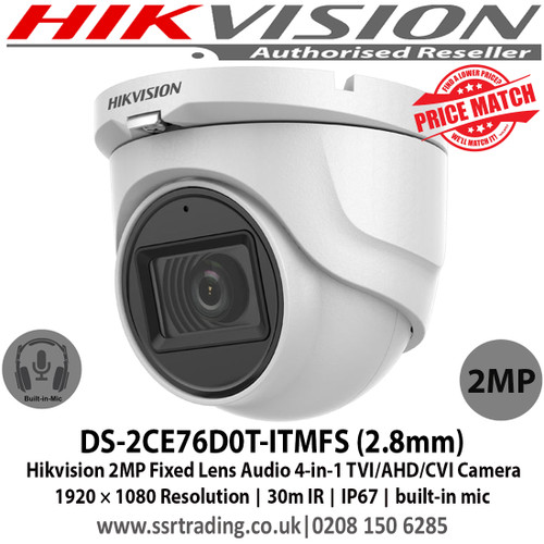 Hikvision DS-2CE76D0T-ITMFS 2MP Audio Camera Turret Camera with 2.8mm fixed lens, Smart IR, up to 30 m IR distance,  IP67, Audio over coaxial cable, built-in mic, 4 in 1 video output (switchable TVI/AHD/CVI/CVBS)