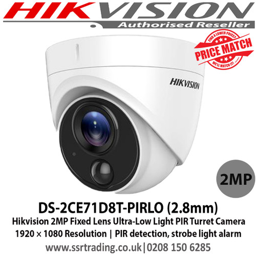Hikvision  DS-2CE71D8T-PIRLO 2MP Ultra-Low Light PIR Turret Camera with 2.8mm fixed lens, IP67, Smart IR, up to 20 m IR distance, Ultra-low light, PIR detection, strobe light alarm, alarm out, 130 dB true WDR, 3D DNR