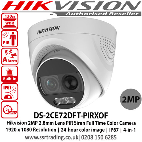 Hikvision 2MP PIR Siren Full Time Color Camera with 3.6mm fixed lens, 24-hour color image, Smart Light, up to 20 m white light distance, PIR detection strobe light alarm, Built-in siren,  switchable TVI/AHD/CVI/CVBS, IP67 - DS-2CE72DFT-PIRXOF