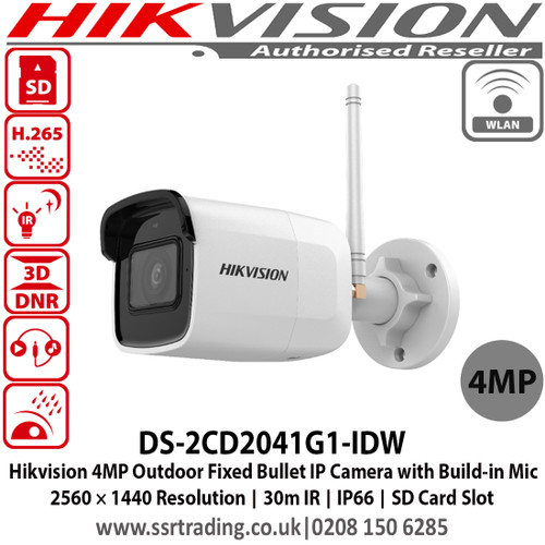Hikvision 4MP Outdoor Fixed Bullet Network Camera with Build-in Mic with 4mm fixed lens, Wi-Fi Connection, Audio I/O: 1 built-in mic, mono sound, IP66 - DS-2CD2041G1-IDW