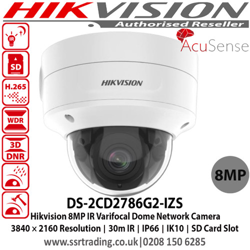 Hikvision 8MP IR Varifocal Dome Network Camera with 2.8 to 12 mm varifocal lens, 30m IR distance, Powered by Darkfighter, 120dB WDR, IP66, IK10, Human and vehicle classification alarm, Built-in micro SD/SDHC/SDXC card slot - DS-2CD2786G2-IZS