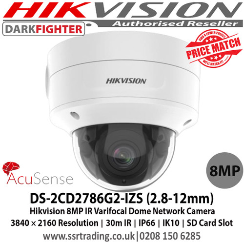 Hikvision DS-2CD2786G2-IZS 8MP IR Varifocal Dome Network Camera with 2.8 to 12 mm varifocal lens, 30m IR distance, Powered by Darkfighter, 120dB WDR, IP66, IK10, Human and vehicle classification alarm, Built-in micro SD/SDHC/SDXC card slot 